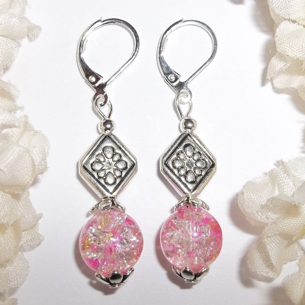 Clear Pink & Orange Earrings Dangle Drop Set 5143